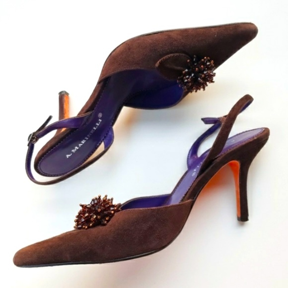 A. Marinelli Brown Suede Swarovski Crystal Flower Slingback Heels Size 6